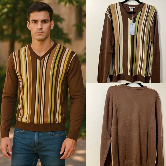 NWT Mac & Jac Striped Cotton Blend V-Neck Sweater - Picture 1 of 8